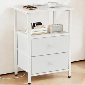 Nightstand with Charging Station, Bedside End Table with 2 Fabric Drawers for Bedroom, Side Table with USB Ports and Outlets (White)