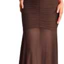 EYNMIN Spaghetti Strap Maxi Dress V Neck Cut Out Ruched Bodycon Mesh Long Formal Wedding Guest Dresses for Women (Brown, M)