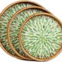 Set of 3 Rattan Tray with Mother of Pearl Inlay, Round Serving Trays for Coffee Table, Decorative Wicker Woven Ottoman Tray for Table Home Decor, Kitchen, Coffee, Bread, Fruits