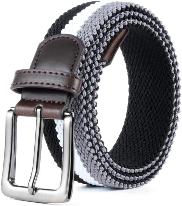 Elastic Braided Belt,13/8",Stretch Golf Belt Unisex for Men Women,Double Layer Woven Belt with Leather Buckle