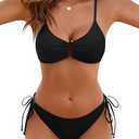 Blooming Jelly Womens Sexy 2 Piece Bikini Sets Size SMALL Cheeky High Cut Bathing Suit Color Block Textured U-Wire Swimsuits 2025, Black, S