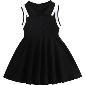 ESHOWEE Baby Girls Summer Casual Dress Toddler Sleeveless Ruffle Polo Collar Button Down Sporty Dresses Sundress 3M3T Black, 2/3Y