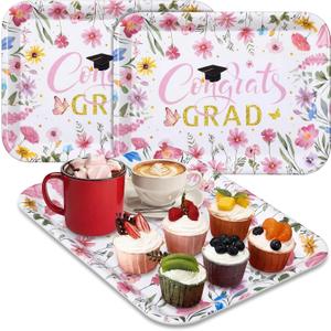 Vesici 3 Pcs Pink Wildflower Graduation Serving Trays 13 x 10 Inch Floral Class of 2026 Congrats Grad Melamine Platters Reusable Rectangular Serving Dishes for Food Snack Fruit 2026 Grad Party Decor