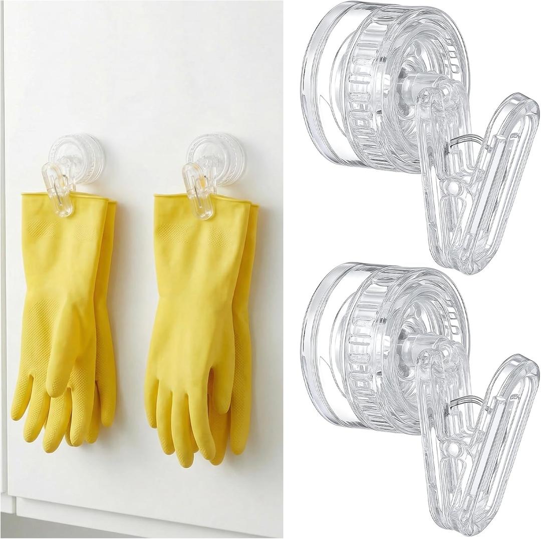 Geelin Dish Glove Clip with Suction Cup Easy Install Removable Transparent Plastic Wall Mounted Hook for Kitchen Use Space-Saving Washable Design for Dish Gloves Towels(2 Pcs)