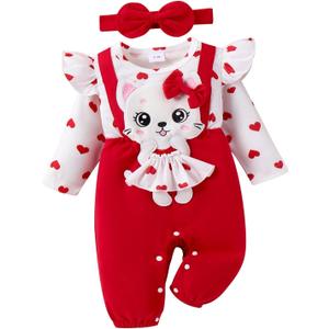 Baby Girl Clothes Newborn Romper Cute Cat Ruffled Long Sleeve Love Fall Winter Outfits with Bow Headband, Size 9-12 Months