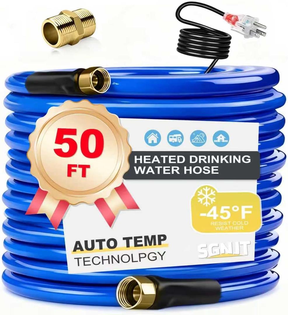 50FT Heated Water Hose for RV,Heated Drinking Water Hose with Thermostat,Lead and BPA Free,1/2" Inner Diameter,Temperatures Down to -40F Self-Regulating,Blue Appearance Auto Accessory