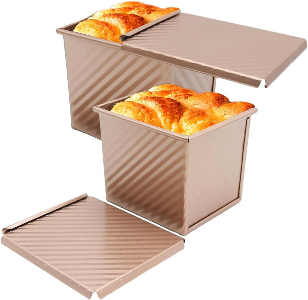 2Pcs Nonstick Square Loaf Pan With Lid, 4.53 x 3.94 x 4.33inch Mini Square Toast Box for Home Baking, Mini Cube Toast Box Ideal Baking Set Gift for Bread Lover(250g)