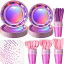 Iridescent Pink Party Supplies Decorations Serve 25, Hot Pink Holographic Paper Plates and Napkins Set, Disposable Pink Paper Plates Cups Knives Spoons Fork for Mermaid Disco Kpop Birthday Party Decor