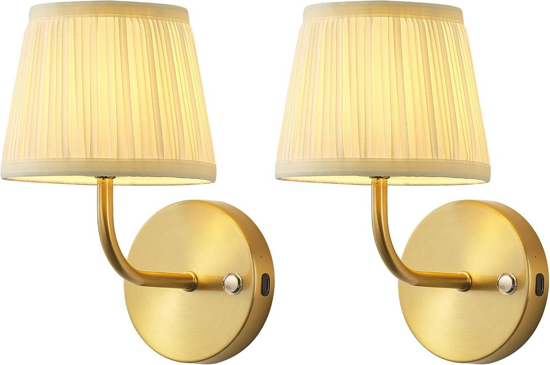 PUSU LED Cordless Gold H9.6 inch Small Wall Sconces Set of 2, Rechargeable 5200mAh Battery Operated Fabric Wall Lamp with Remote, Lighting for Living Room, Bedroom, Hallway, Bathroom, Stairs, Kitchen