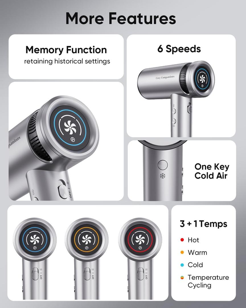 For Fast Drying, Low Noise, Hair Dryer with Diffuser and Nozzle, Silvery