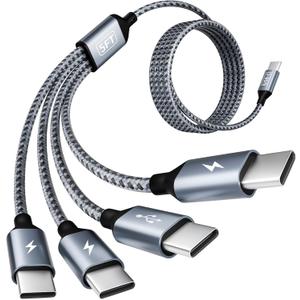 USB C Cable, USB C Splitter Multi Charging Cable, 4 in 1 Charging Cable with 4 Type C Ports, Charger Cable for Multiple Devices Compatible iPhone 16/15 Series, iPad, Galaxy S24 S23, Pixel, PS5