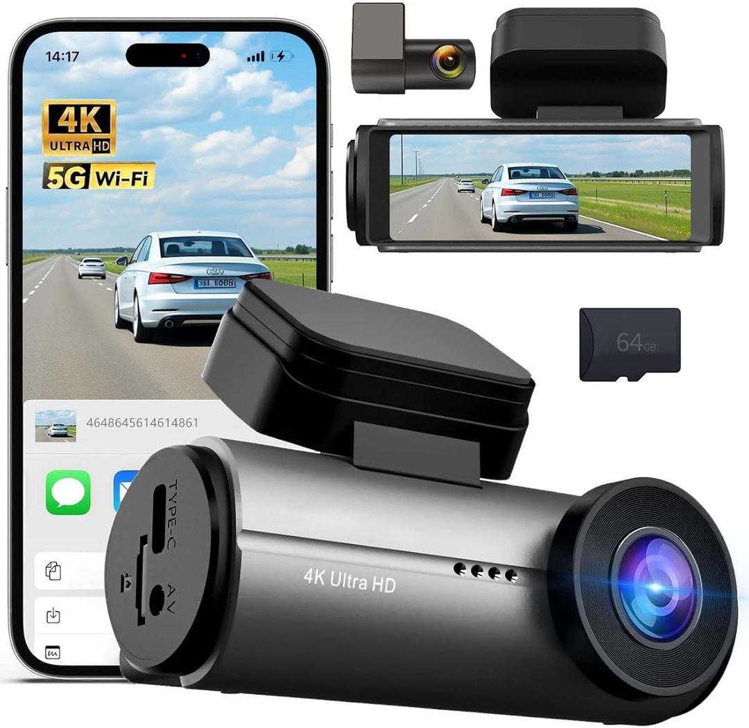 Dash Cam Front and Rear,3" IPS Screen Dash Camera for Cars,Car Camera 4K HD Front & 1080P Rear,5GHz WiFi&APP dashcams,Dual Camera,G-Sensor, Night Vision, 24/7 Parking Monitoring, Loop Recording, free 64GB