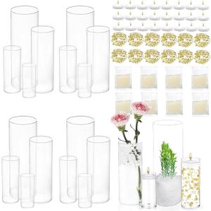 UDU 16 Set Glass Cylinder Vases for Centerpieces with 80000 Clear Beads 24 White Floating Candles 12 Pearl String Center Pieces Decoration for Table Table Wedding Party Home