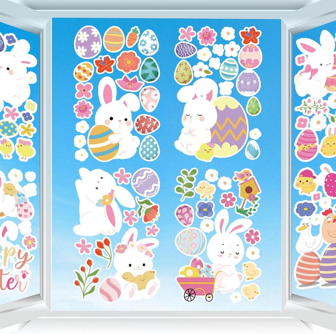 3 x 9 Sheets Easter Window Clings for Glass Windows, Cute Eggs Bunny Flower Window Stickers Decal for Home Office School Spring Decoration (Easter)