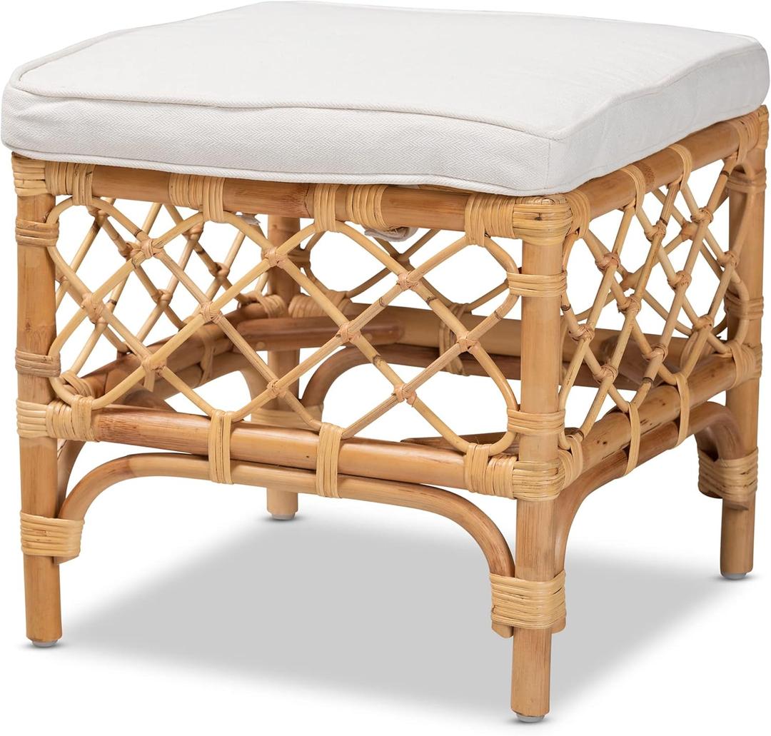 Bali & pari Orchard Boho Rattan Ottoman with Cushion  Handwoven Wicker Footrest Stool  Natural Indoor Accent Seat for Living Room & Bedroom