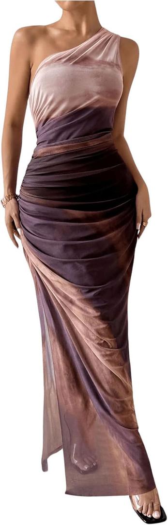 WDIRARA Women's One Shoulder Mesh Ruched Maxi Dress Tie Dye High Slit Bodycon Dresses (Large, Maroon) WDIRARA Women's One Shoulder Mesh Ruched Maxi Dress Tie Dye High Slit Bodycon Dresses (Large, Maroon)