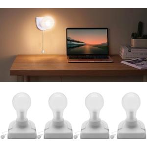 4 Pack Battery Operated Light Bulb, Stick-Up Battery Powered Wireless LED Closet Light Bulb, Self Adhesive Wall Light Fixture with Pull Chain for Cabinet Bedroom Kitchen, 3000K Warm White