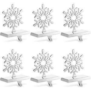 Jetec Set of 6 Christmas Stocking Holders for Mantle Silver Metal Snowflake Snowman Santa Reindeer Christmas Hooks Hangers for Mantel Fireplace Xmas Party and Home Decoration(Snowflake)