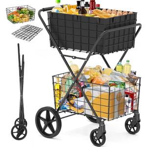 2-Tier Collapsible Shopping Cart for Groceries, 400Lbs Heavy Duty Grocery Cart with 2 Removable Storage Baskets, 360 Rolling Swivel Wheels, Waterproof Liner, Large Utility Carts for Transport Gift