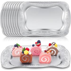 Layhit 10 Pcs Plastic Serving Trays 13" x 9" Rectangle Platters for Dessert Display Tray for Decoration Embossed Serving Platter Dish for Parties, Weddings, Engagements, Birthdays (Silver)