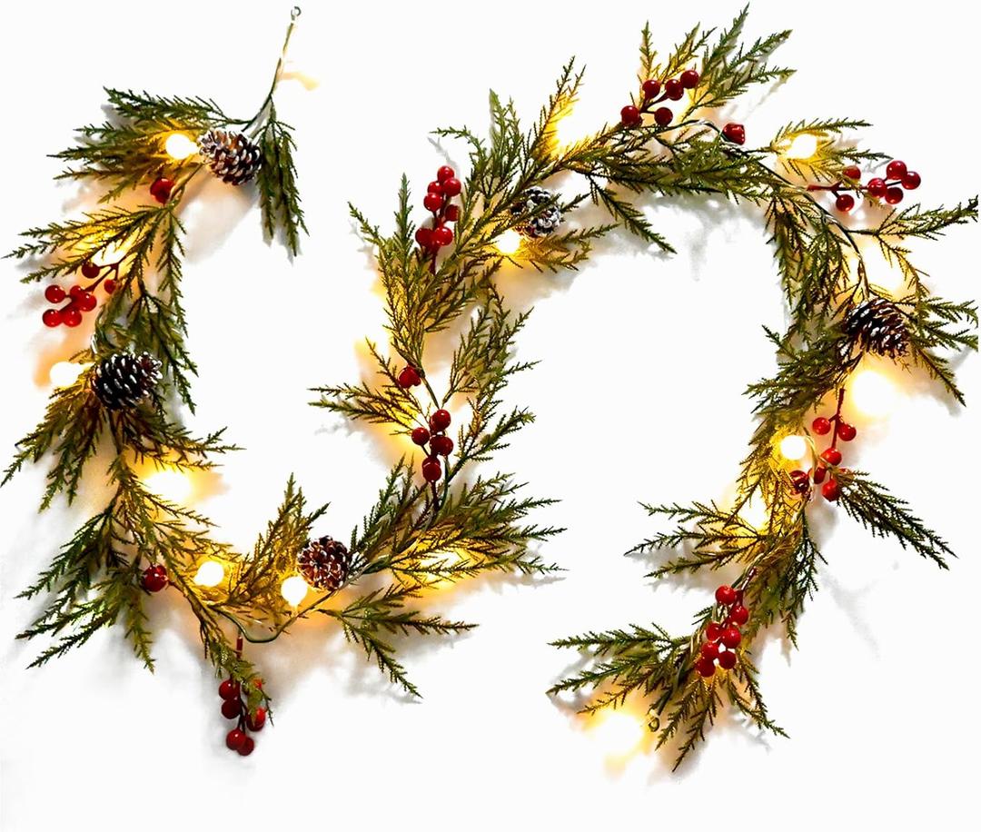 Christmas Garland 6FT 20 LED Bulbs Cypress Pine Garland with Lights Battery Operated with Timer Bells Red Berries Pinecones Green Garlands Decoration for Xmas Holiday Thanksgiving New Year Home Decor