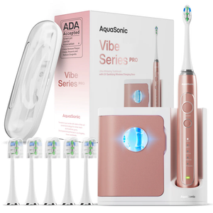 Aquasonic Vibe Series PRO Ultra-Whitening Electric Toothbrush 5 Modes & Smart Timers UV Sanitizing Base ADA Accepted 
