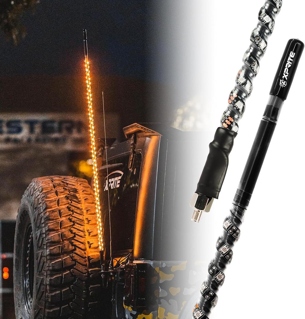 Xprite 4FT CB Radio Antenna with Spiral Amber LED Whip Light, Safety Flexible Antenna Lighted Whips w/Rocker Switch Compatible with Offroad ATV UTV 4X4 Polaris RZR Can-am Buggy Trucks Jeep