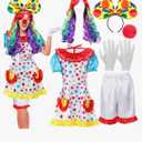 6 Pcs Clown Costume Set Women Circus Dress Rainbow Clown Wig Headband Nose Shorts Gloves for Halloween cosplay Medium