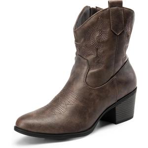 DREAM PAIRS Women's Western Cowboy Cowgirl Embroidered Ankle Boots Fashion Low chunky Heel Round Toe Fall Short Booties Shoes (11, Brown)