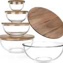 Set of 5 Nesting Glass Bowls with New Updated Acacia Lids for Foodprep, Storage, Mixing & Cooking - Microwave & Oven-ready BPA Free Durable Heat Resistant Inert Borosilicate Glass, large