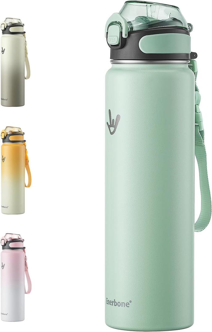 Enerbone Insulated Water Bottle, 32 oz Stainless Steel Water Bottles with Carrying Strap, Double-Wall Vacuum Insulation Thermos, Leakproof Sports Bottle with Straw, Keep Drinks Hot or Cold for Hours (Oasis)