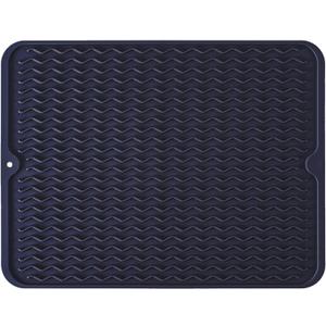 Silicone Dish Drying Mat, Non-Slip Easy Clean Sink Mat, Dark Blue, 24"x18" | Quick-Dry Ridges, Large Heat-resistant Dish Drainer Mat for Kitchen Counter, Hangable & Roll-Up for Storage, Dishwasher Safe