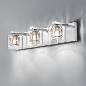 Modern Crystal Bathroom Vanity Lights, 3-Light Chrome Bathroom Light Fixtures Over Mirror, Crystal Inside Wall Sconce Lighting with Clear Glass Outer Shade, 20.5 inch Wall Sconces
