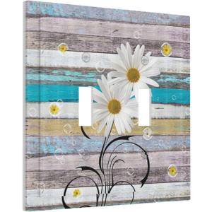 Decorative Switch Plate Covers Farmhouse Rustic Plank Texture Floral Daisy Flowers 2 Gang Wall Plate Double Toggle Light Switch Cover Plate Electric Dual Device Electrical Faceplate