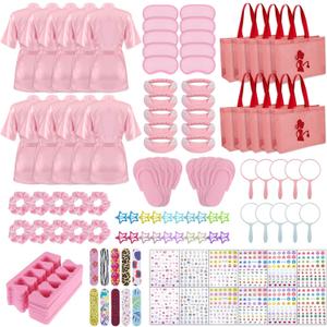 10 Set Spa Party Supplies for Girls,122 Pcs Slumber Party Favors for Girls Satin Robes Spa Kit Accessories Bulk with Tote Bags,Kids Nail Salon Spa Birthday Party Supplies (Pink)