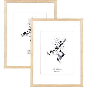 Yaetm 12x16 Picture Frame with Mat for 8.5x11 Set of 2, Natural Solid Oak Wood Frame 12x16 for Photos, Posters & Art Prints, for Horizontal and Vertical Wall Mount (2 pack, Oak)