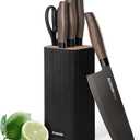 Astercook Knife Set, 6-Piece Kitchen Knife Set with Block, High Carbon Stainless Steel Ultra Sharp Kitchen Knives, Wood Grain Handle, Dishwasher Safe Knife Block Set, Black, Mothers Day Gifts