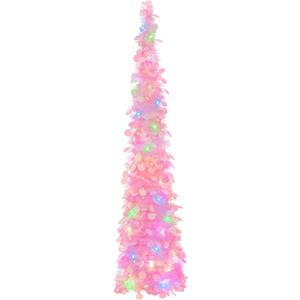 GlyinnHe 5Ft Pop Up Christmas Tinsel Tree with 50 Mulitcolore Lights Prelit Christmas Pencil with Pink Sequins Battery Operated Lighted Glitter Xmas Slim Tree for Indoor Home Party DecorPink
