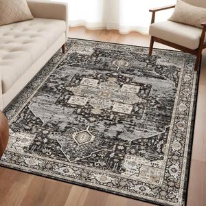 Washable 4x6 Area Rugs - Soft Area Rug for Living Room Stain Resistant Carpet Vintage Indoor Ultra-Thin Rugs for Bedroom Kitchen entryway with Non Slip Backing Home Decor Small Mat 4X6 Black