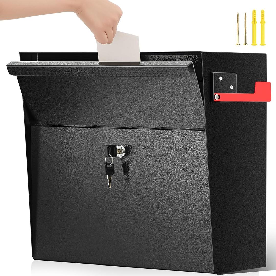Extra Large Wall Mount Mailboxes for Outside 18 x 16.5 x 7 Inches Locking Security Mail Box Galvanized Steel Wall Mailbox Large Capacity Post Box with Key Lock and Reflective Stickers(Black)