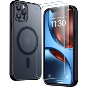 SPIDERCASE for iPhone 12 Pro Max Case, Magnetic Translucent Matte Case with 2PCS Tempered Glass Screen Protector Slim Phone Case for iPhone 12 Pro Max 6.7'', Black