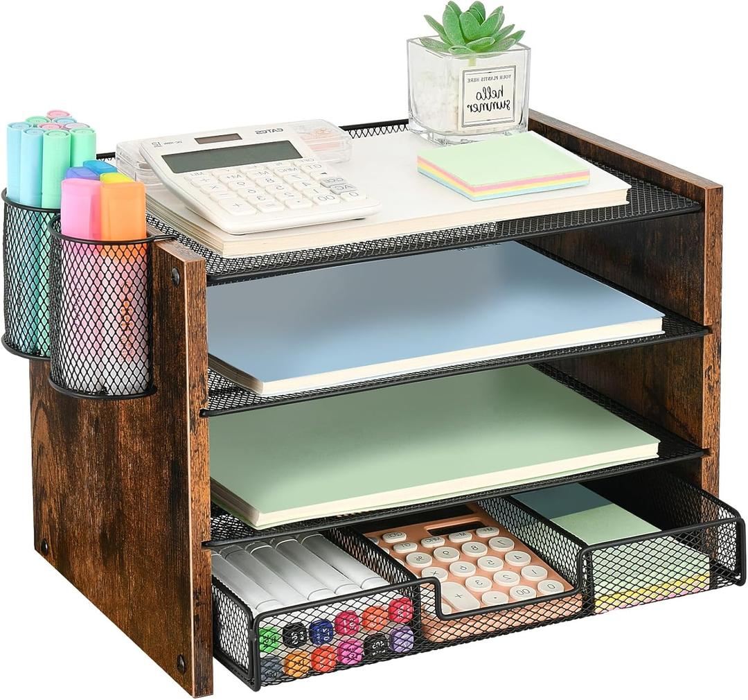 OPNCIE Desk Organizer and Accessories, 4-Tier Paper Letter Tray File Organizer with Drawer & 2 Pen Holder, Office Desk Accessories Workspace Desktop Organizer for Office Supplies(Brown) (13.2" x 9.8" x 9.8")