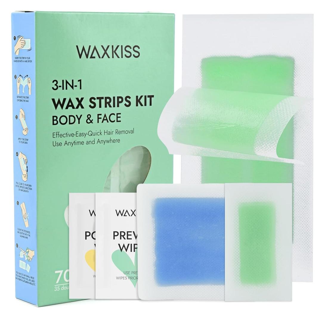 Waxkiss Wax Strips Kit for Women Men 70 Counts 3 Sizes & 12 Pcs Prewax and Afterwax Wipes Ready-to-use Waxing Strip Kit for Hair Removal Home Waxing Kit