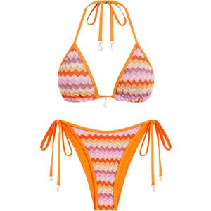 ZAFUL Women's Colorblock Stripes Triangle Halter Tied Cheeky Thong Bikini Set High Cut Two Piece Bathing Suit (S, 2-orange)