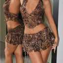 SHENHE Women's 2 Piece Skirt Sets Y2k Rave Outfits Summer Leopard Halter Top Ruffle Mini Skirt Sets Going Out Dress (Brown, XXS)