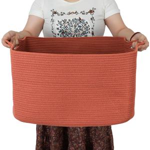 Large Rectangle Blankets Basket Living Room 22"x17"x12" Woven Cotton Rope Storage Baskets for Nursery Toy Baskets for Kids and Dogs Wicker Laundry Basket Bin for Clothes Towels rustic
