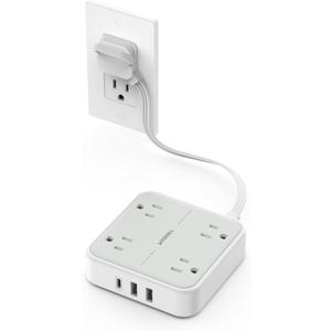 TESSAN Short Extension Cord, 1 Ft Ring Pull Surge Protector Power Strip with Multiple Outlets, 3 USB (1 USB C) 4 Outlets, 900J Surge Protection, Desktop Charging Station for Home, Office, Dorm Room (Grey)