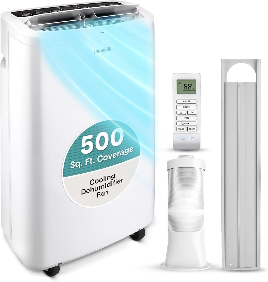 SereneLife Small Air Conditioner Portable 14,000 BTU with Built-in Dehumidifier - Portable AC unit for rooms up to 650 sq ft - Remote Control, Window Mount Exhaust Kit