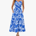 Annebouti Women 2025 Summer Fall Ruched Maxi Dress Adjustable Spaghetti Strap Floral Beach Long Sundress with Pockets, Size large