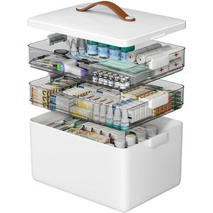 CTIME 3-Tier Medicine Organizer - Portable Medicine Cabinet with Leather Handle, Empty First Aid Kit for Home